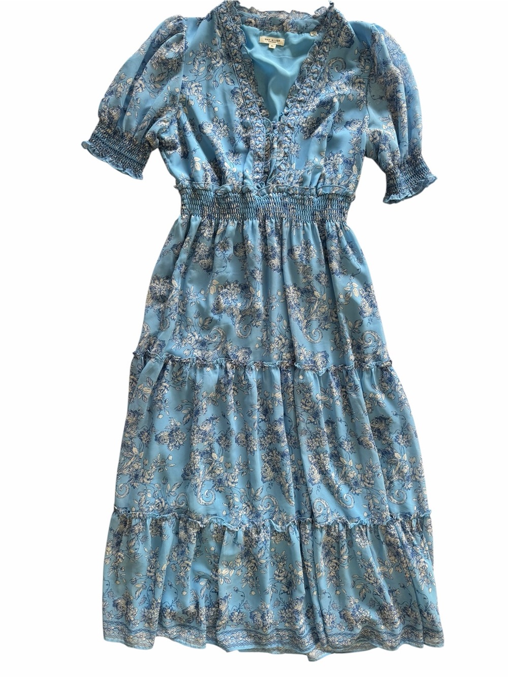 Max Studio London Blue Floral Smocked Midi Dress XL Cottagecore